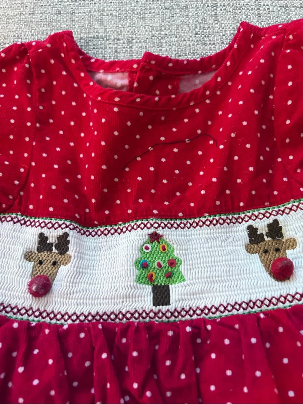 Mud Pie Red Polka Dot Dress White Dots Embroidered Reindeer w Smocking.  Size 3T